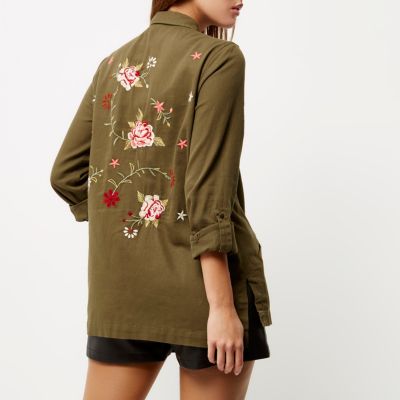 Khaki green floral embroidered shacket